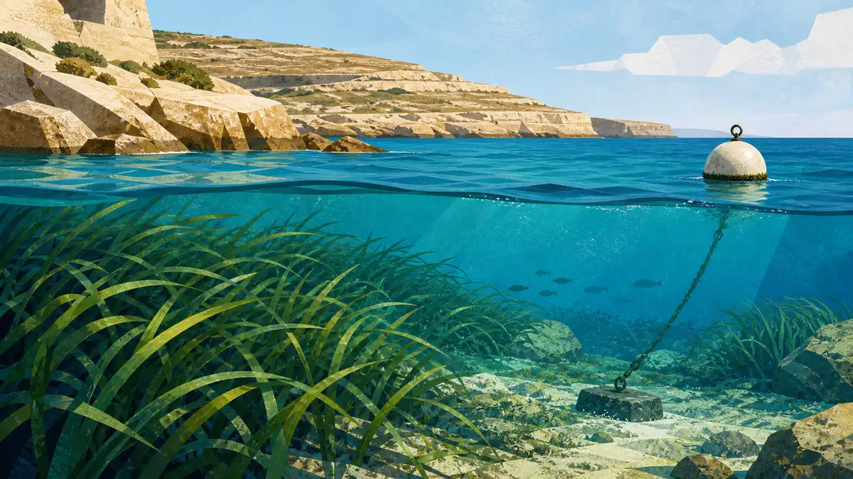 Editorial illustration: Malta News. Generic marine-conservation scene; not a photograph of the named site.