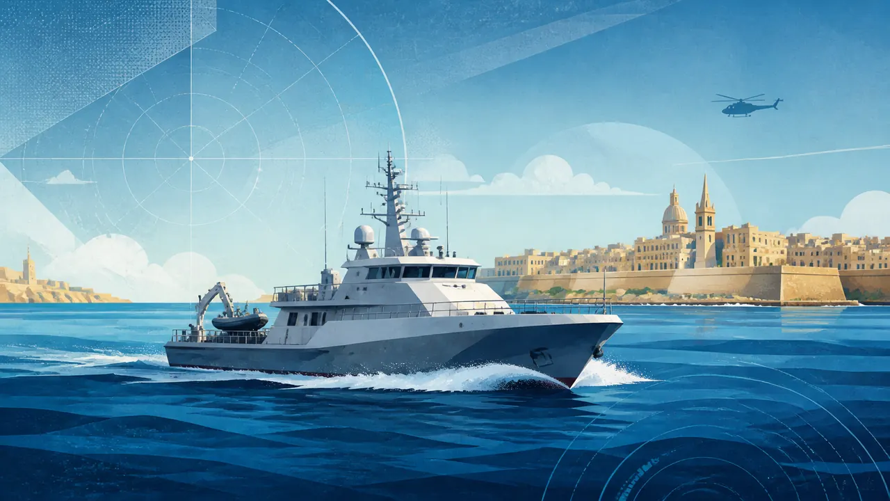 Editorial illustration: Malta News. Generic maritime-operations scene; not a real vessel or operation.