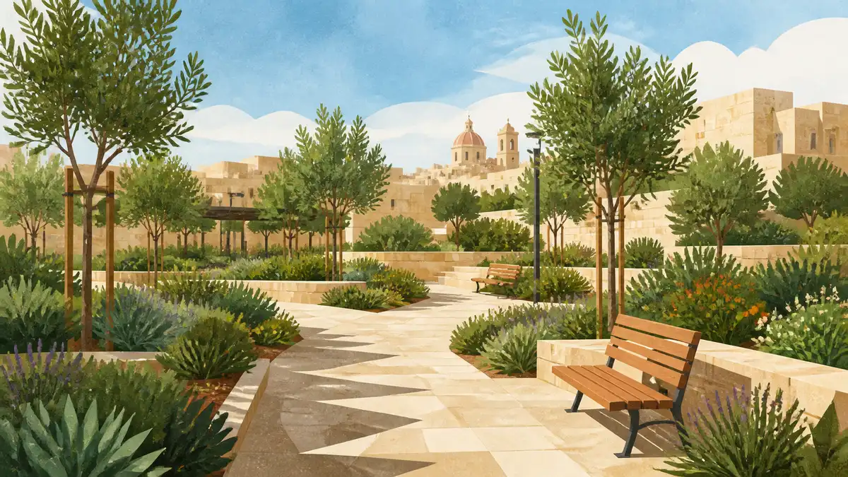 Editorial illustration: Malta News. Generic public-garden renewal scene; not the named project site.